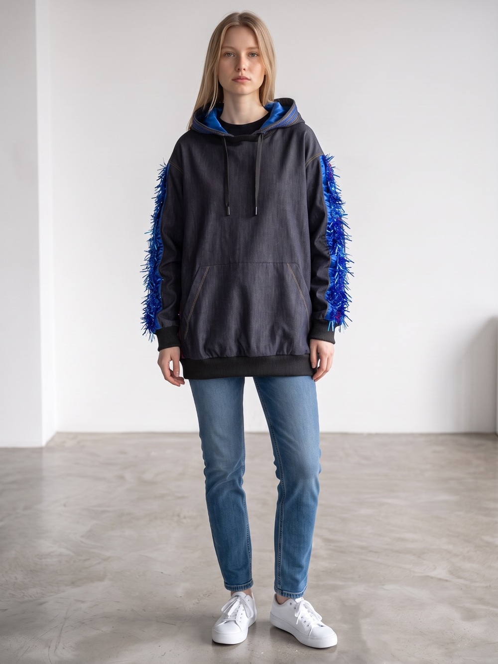 NOKA'O1 Denim Hoodie With Electric Blue Fringe Sleeves Size L